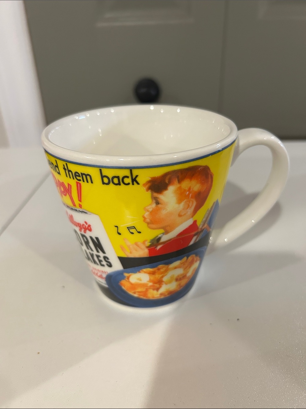 Kellogg's Yellow Vintage Cornflakes Illustration Ceramic Mug with Child Graphic